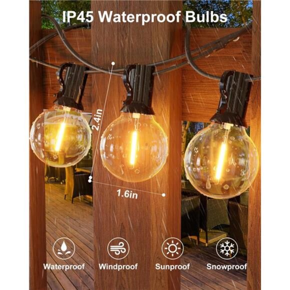 60FT Outdoor String Lights LED, Patio Lights with 32 Bulbs Waterproof, 2700K - Picture 4 of 7